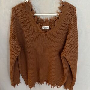 Zenana Outfitters Distressed V-Neck Sweater in Brown